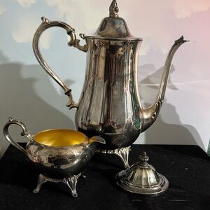Leonard Silverplate Coffee Pot and creamer, Mid-Century Flame Finial Tea Server